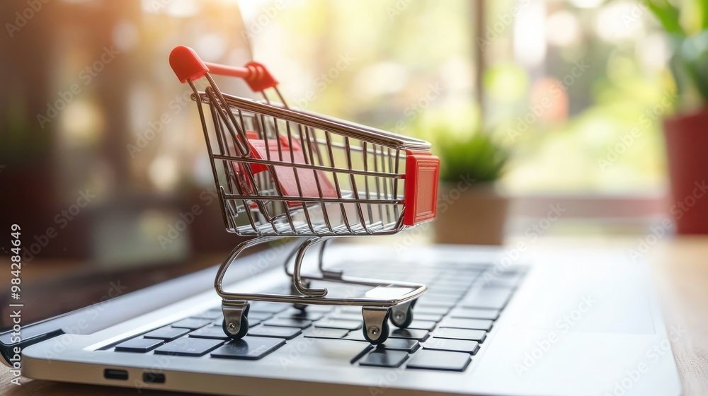 Online Shopping Concept with Mini Cart on Laptop Online Shopping Concept with Mini Cart on Laptop