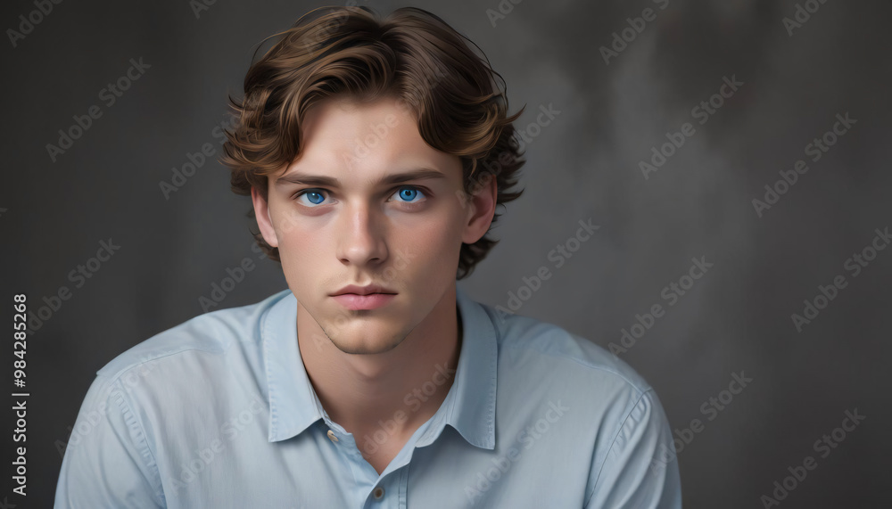 Naklejka premium Caucasian male model in a close-up shot, wearing a light blue shirt against a grey background and looking directly at the camera.