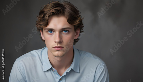 Caucasian male model in a close-up shot, wearing a light blue shirt against a grey background and looking directly at the camera.