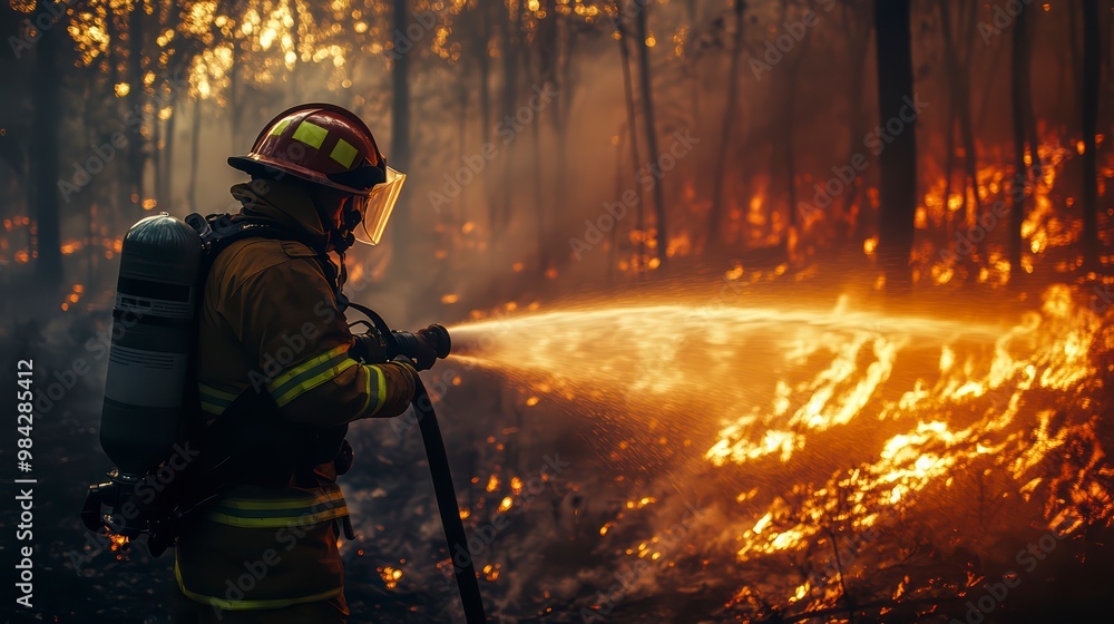 Obraz premium A firefighter fighting a natural disaster. The concept of fighting a forest fire