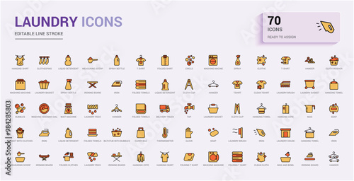 Laundry colorful icons set. Clothes instructions on labels, machine or hand washing icon pack. Color icon for web and ui. Icon names are written in English.