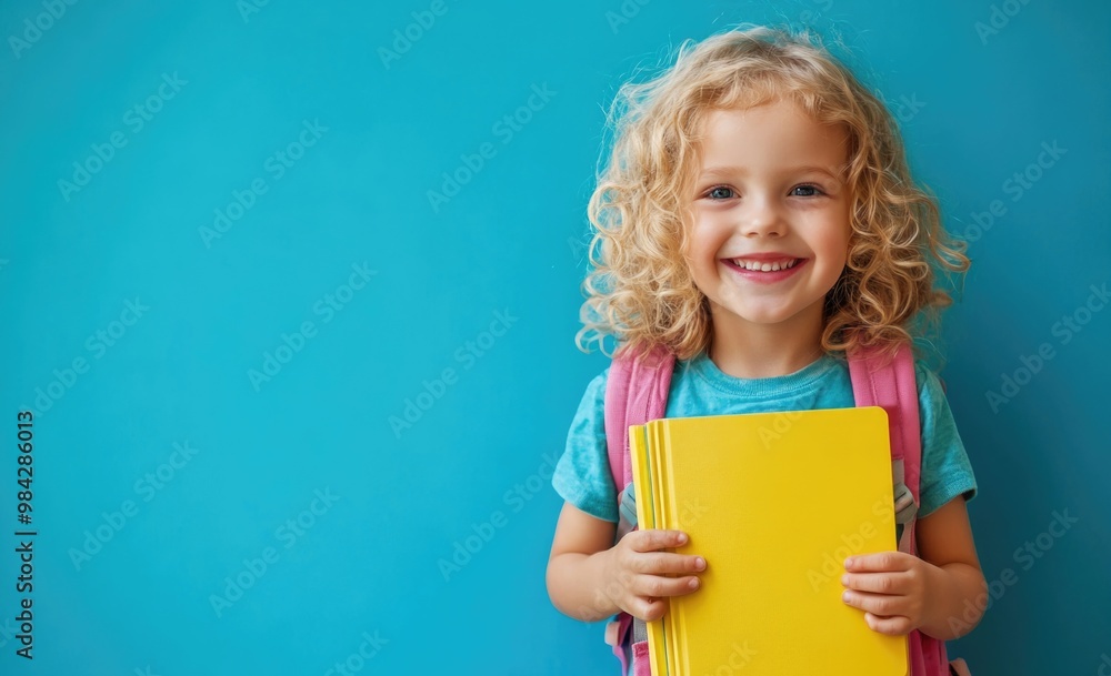 A cute little girl with curly blonde hair is smiling and holding yellow books in her hands. A cute little girl with curly blonde hair is smiling and holding yellow books in her hands.