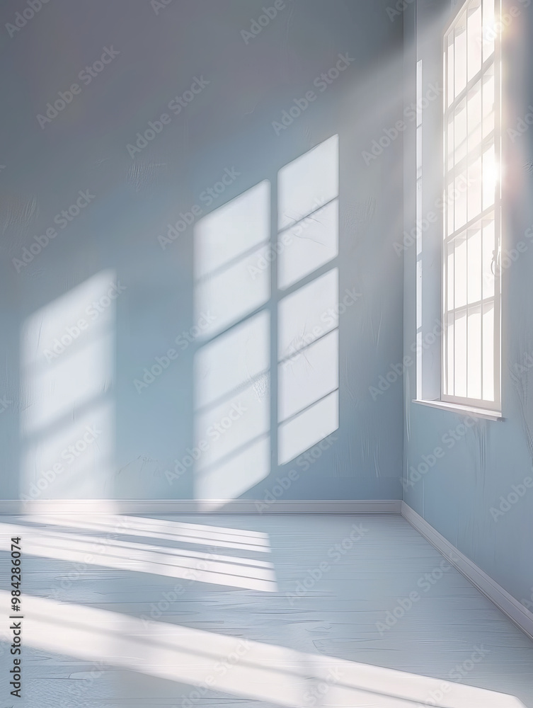 Fototapeta premium A serene and bright room with soft blue walls, sunlight streaming through large windows, creating beautiful shadows on floor. atmosphere feels calm and inviting