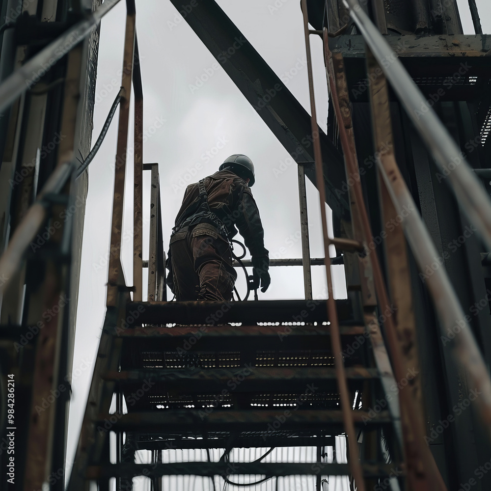A worker climbs metal staircase at an oil and gas site, showcasing dedication and safety measures in industry. cloudy sky adds dramatic backdrop to this scene