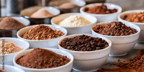 Assorted Types of Cocoa Powder in White Bowls on a Table