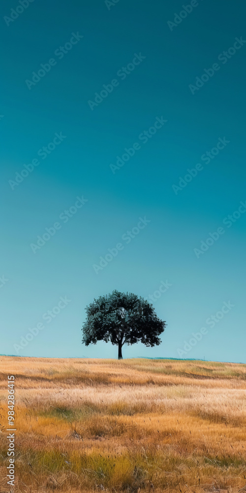 Fototapeta premium A solitary tree stands gracefully in vast field under clear blue sky, embodying tranquility and beauty of nature. golden grass sways gently in breeze, creating serene landscape