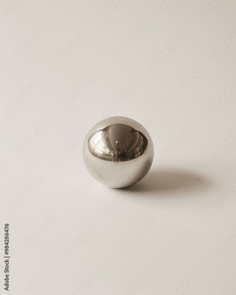 A small silver sphere rests on smooth white background, reflecting light beautifully. Its polished surface creates striking visual contrast, evoking sense of simplicity and elegance A small silver sphere rests on smooth white background, reflecting light beautifully. Its polished surface creates striking visual contrast, evoking sense of simplicity and elegance