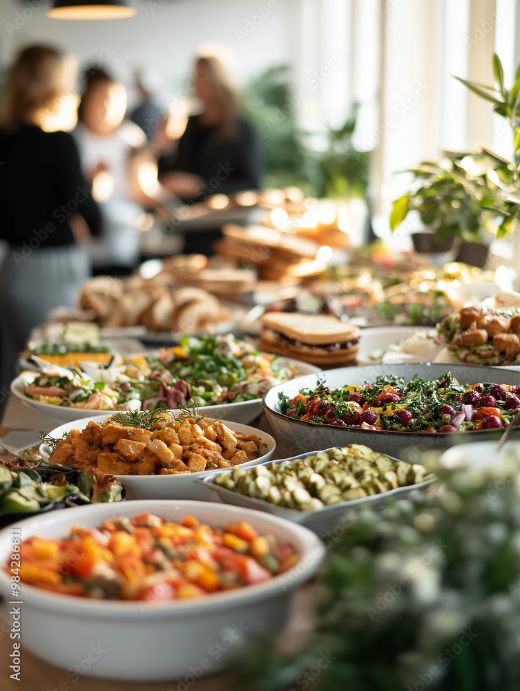 Fototapeta premium A vibrant buffet table showcases an array of colorful dishes, including salads and appetizers, while guests engage in conversation in a well-lit setting