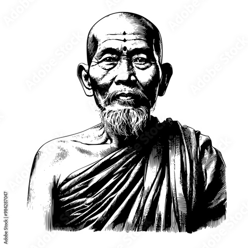 Old asian monk, black and white vector sketch