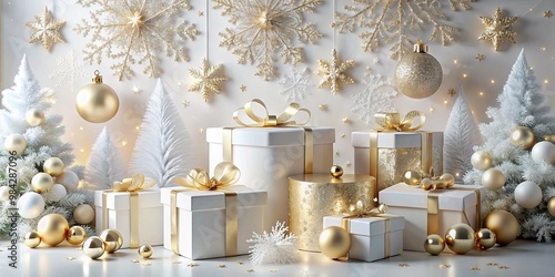 Festive christmas scene showcasing wrapped presents in white and gold The display includes beautifully decorated ornaments golden ribbons and lacy snowflakes against a soft background