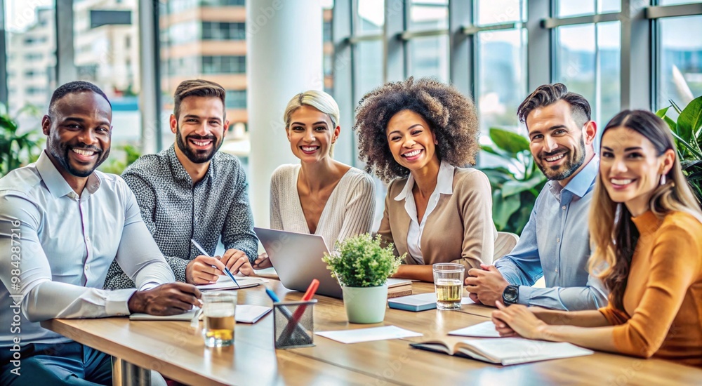 Group of diverse professionals at a conference table smiling at the camera in a modern office setup showcasing unity and collaboration in their business environment Group of diverse professionals at a conference table smiling at the camera in a modern office setup showcasing unity and collaboration in their business environment