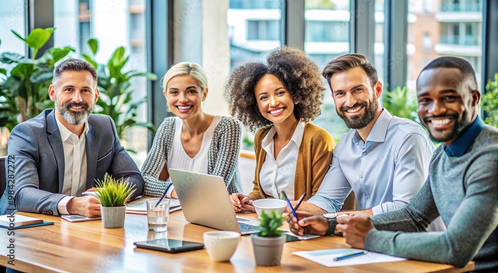 Group of diverse individuals smiling and sitting at a table in a modern office. They are in business attire and surrounded by greenery. The setting is bright and professional with large windows. Group of diverse individuals smiling and sitting at a table in a modern office. They are in business attire and surrounded by greenery. The setting is bright and professional with large windows.