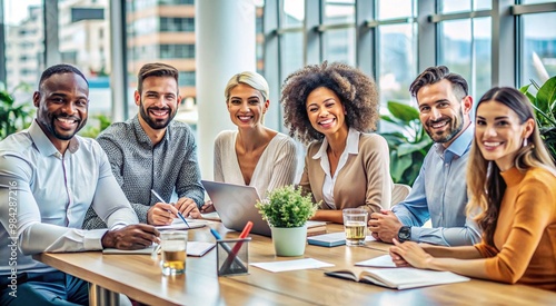 Group of diverse professionals at a conference table smiling at the camera in a modern office setup showcasing unity and collaboration in their business environment