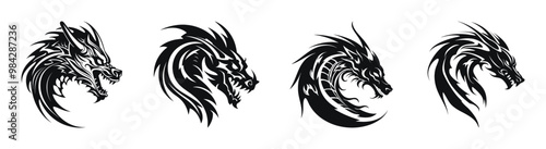 Dragon head tattoos vector illustration. Set of four dragon head designs in black and white.