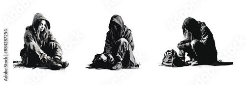 Homeless seated pensive person in various poses, vector illustration. Black and white set depictions of a human in winter clothing with hood and beanie.