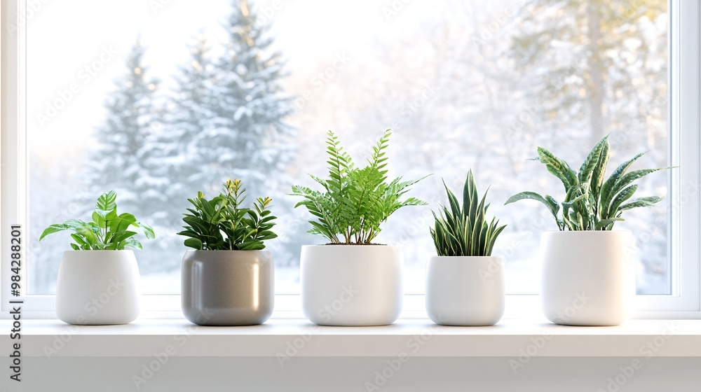 Fototapeta premium Houseplants in White Pots on Window Sill with Winter Snowy Background