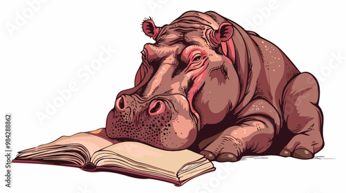 Handdrawn Hippo Reading Book Vector Illustration