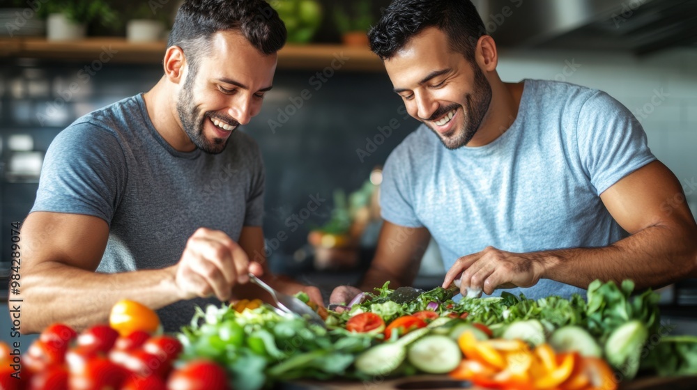 Two guys of different ethnicity having fun while making salad together on kitchen. Concept of gay couples and everyday life at home . Caucasian and hispanic man cooking healthy food Two guys of different ethnicity having fun while making salad together on kitchen. Concept of gay couples and everyday life at home . Caucasian and hispanic man cooking healthy food