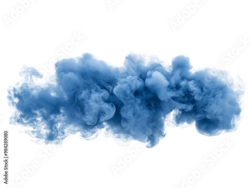 A vibrant blue cloud of smoke billows and swirls gracefully, creating an ethereal effect against a clean white background, highlighting its intricate patterns photo