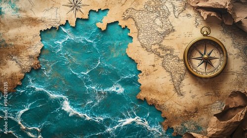 Ancient map of the world with a compass on an aged background photo