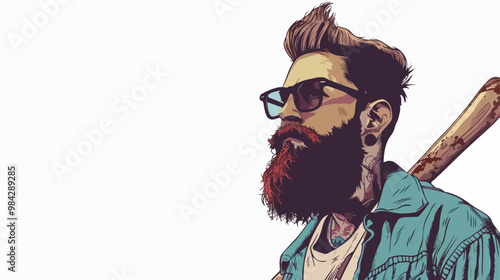 Hipster Guy with Bat Mixed Media Vector Illustration