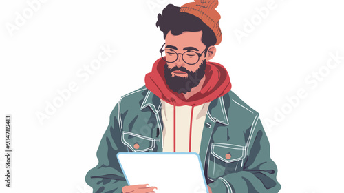 Hipster Guy Using Tablet Device in Mixed Media Flat Style