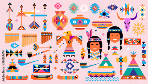 Native American set elements decor American Indian culture. Pottery, people, arrow, Tomahawk, canoe, boat, clothing, pattern Vector flat icon illustration