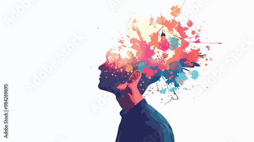 Creative Inspiration: Man with Great Ideas in His Head, Mixed Media Vector Illustration
