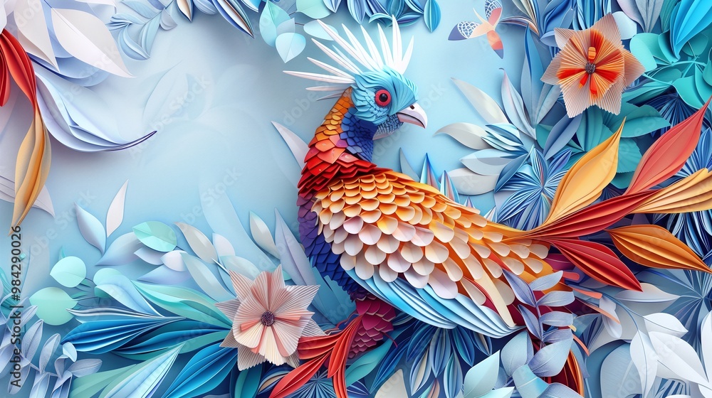 Naklejka premium Papercraft of Colorful Pheasant on Jungle