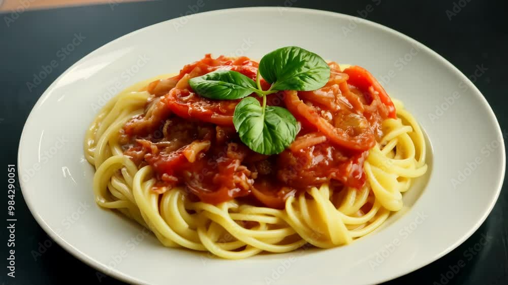 Rotation of a plate of pasta with rich tomato sauce and basil. Rotation of a plate of pasta with rich tomato sauce and basil.