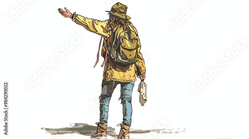 Handdrawn Vector of Hitch Hiker Woman on Road