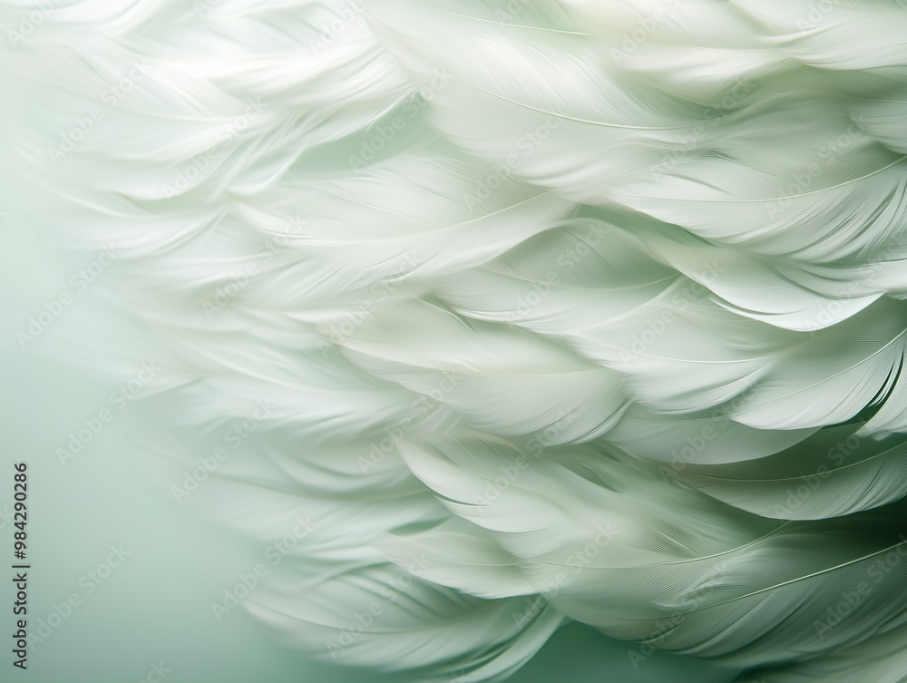 Soft white feathers are beautifully arranged, overlapping one another against a light green background, creating a tranquil and serene ambiance perfect for relaxation Soft white feathers are beautifully arranged, overlapping one another against a light green background, creating a tranquil and serene ambiance perfect for relaxation
