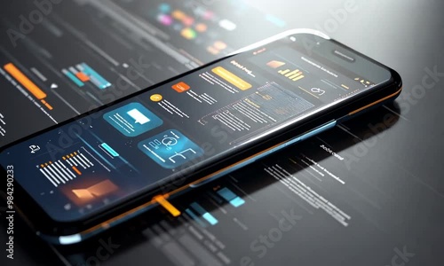 A smartphone displaying a modern, data-driven user interface with graphs and notifications.