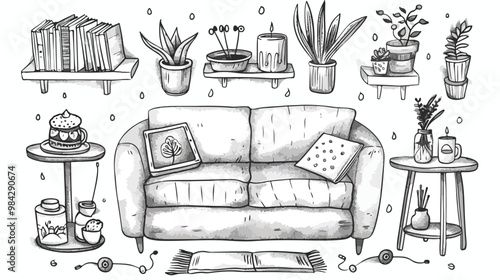 Cozy Home Hygge Relax Mood Hand-drawn Brush Doodles