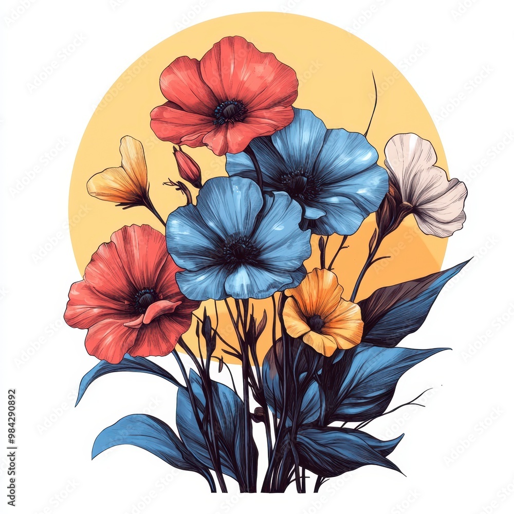 A vibrant bouquet of colorful flowers against a warm, glowing sun, perfect for nature-themed projects and artistic designs. A vibrant bouquet of colorful flowers against a warm, glowing sun, perfect for nature-themed projects and artistic designs.