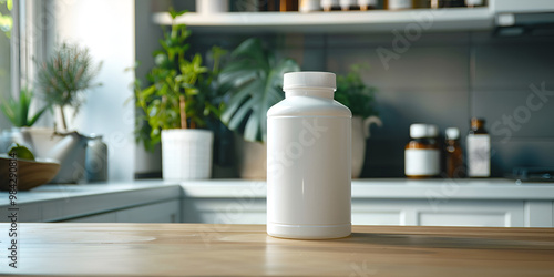 Blank White Supplement Bottle on Modern Kitchen Counter