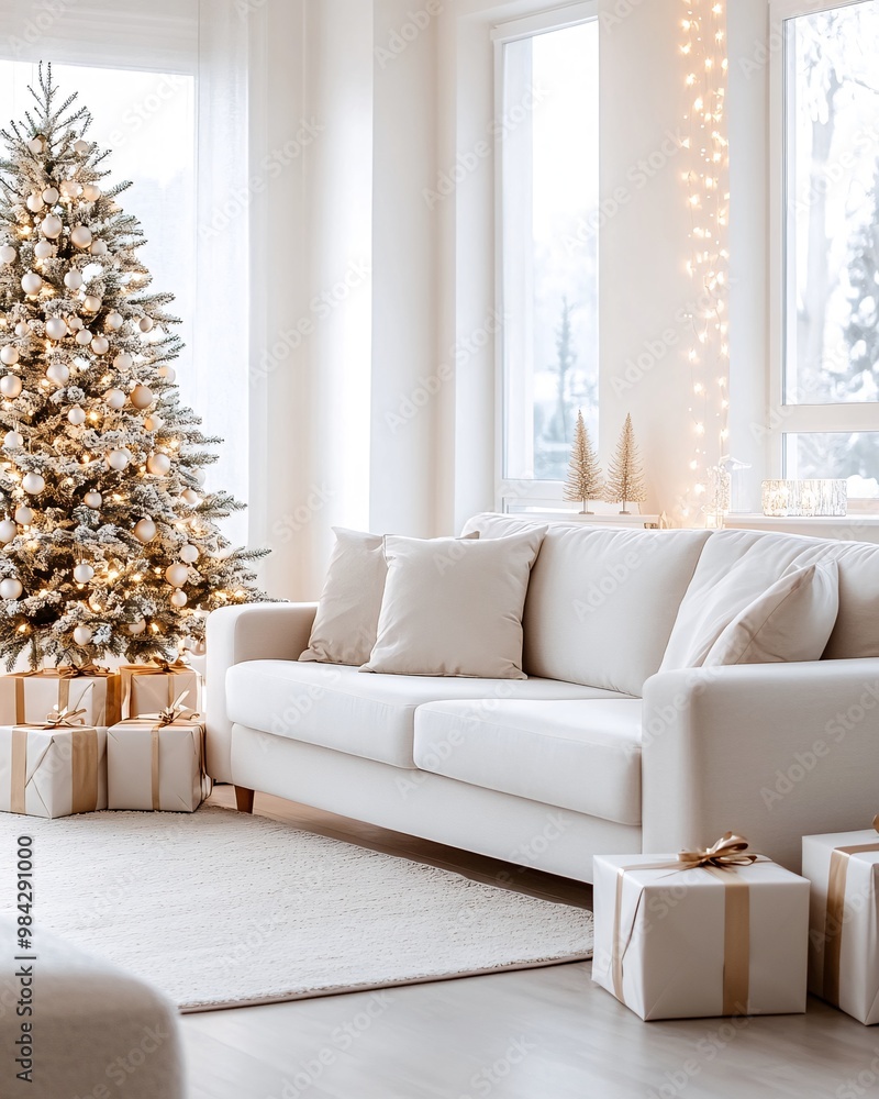 Fototapeta premium Cozy Living Room with Christmas Tree and Gift Boxes in Daylight