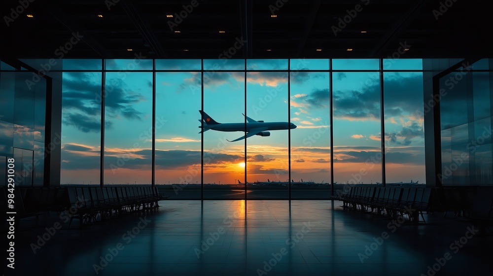Fototapeta premium From the vantage point of the airport terminal, an airplane takes flight, its sleek silhouette contrasting against the open sky. 