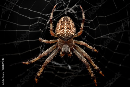 A spider is standing on a web. The spider is brown and has a hairy body