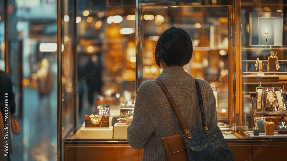 A woman stands looking at a shop window display filled with luxury items. A woman stands looking at a shop window display filled with luxury items.