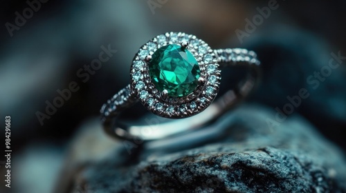 Emerald engagement rings set on a natural stone