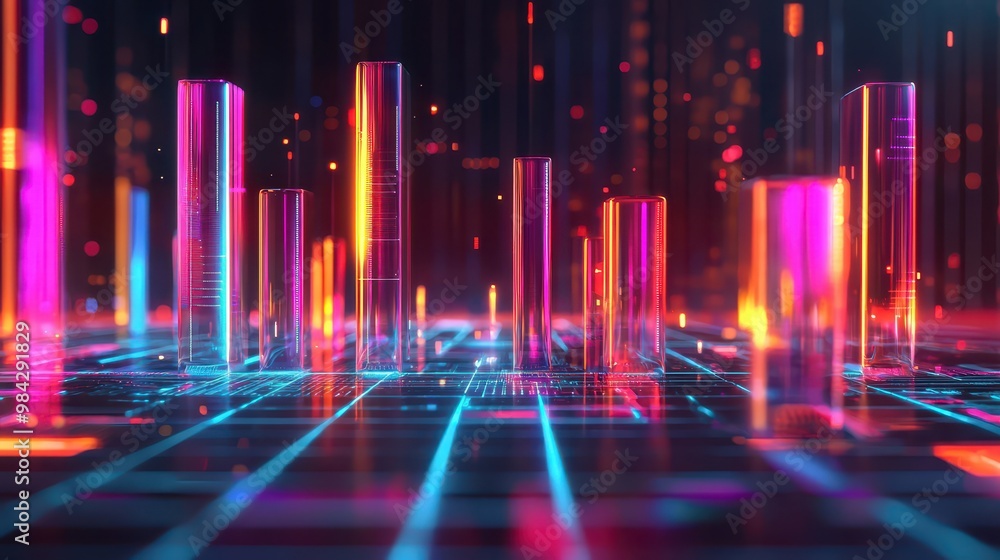 3D abstract bar graph glowing on a vibrant tech grid, depicting continuous business progress. 3D abstract bar graph glowing on a vibrant tech grid, depicting continuous business progress.