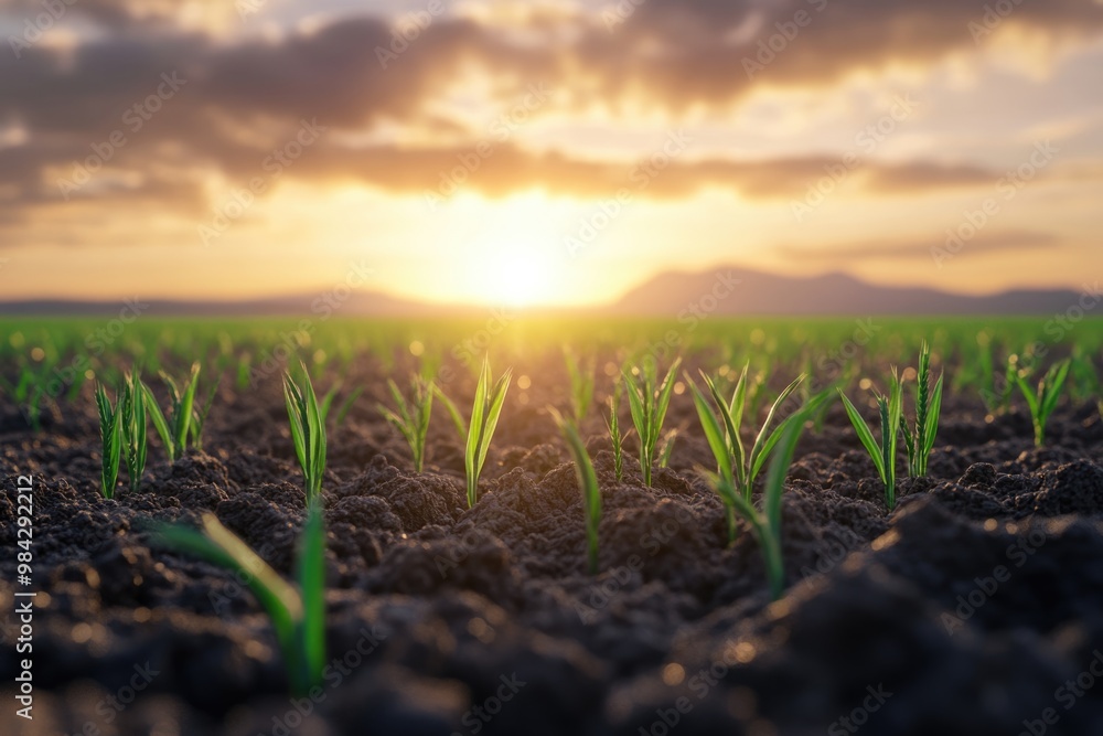 Sprouts of young barley or wheat that have just sprouted in the soil dawn over a field with crops. Sprouts of young barley or wheat that have just sprouted in the soil dawn over a field with crops.