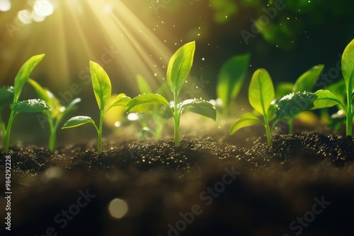 Seedlings growing in rich soil towards morning sunlight ecology theme.