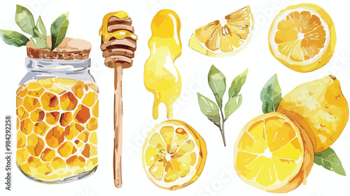 Honey Comb Dipper Lemon Set Watercolor Isolated