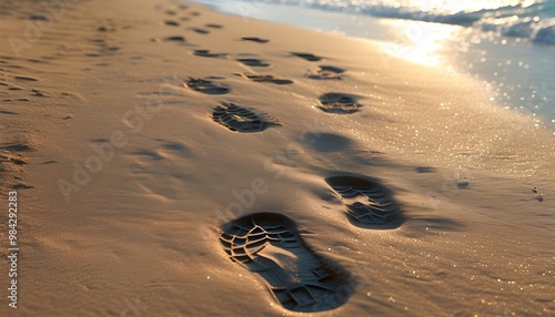 Textured sandy surface adorned with shoe impressions, evoking memories of summer warmth and relaxing beach strolls photo