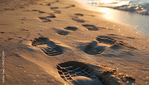 Textured sandy surface adorned with shoe impressions, evoking memories of summer warmth and relaxing beach strolls photo