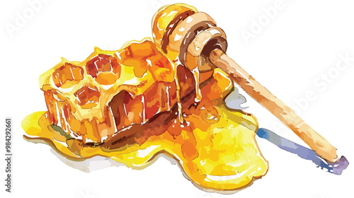 Vibrant Watercolor of Honey Stick and Honeycomb Isolated on White Background