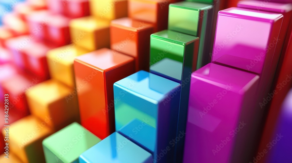 3D bar graph with vibrant colors, showing the rise in business development, each bar progressively taller. 3D bar graph with vibrant colors, showing the rise in business development, each bar progressively taller.