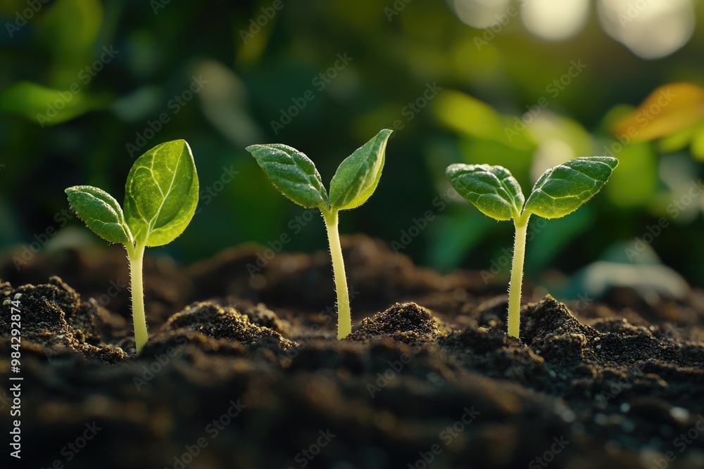 Fototapeta premium baby plants growing in germination sequence on fertile soil with natural green background